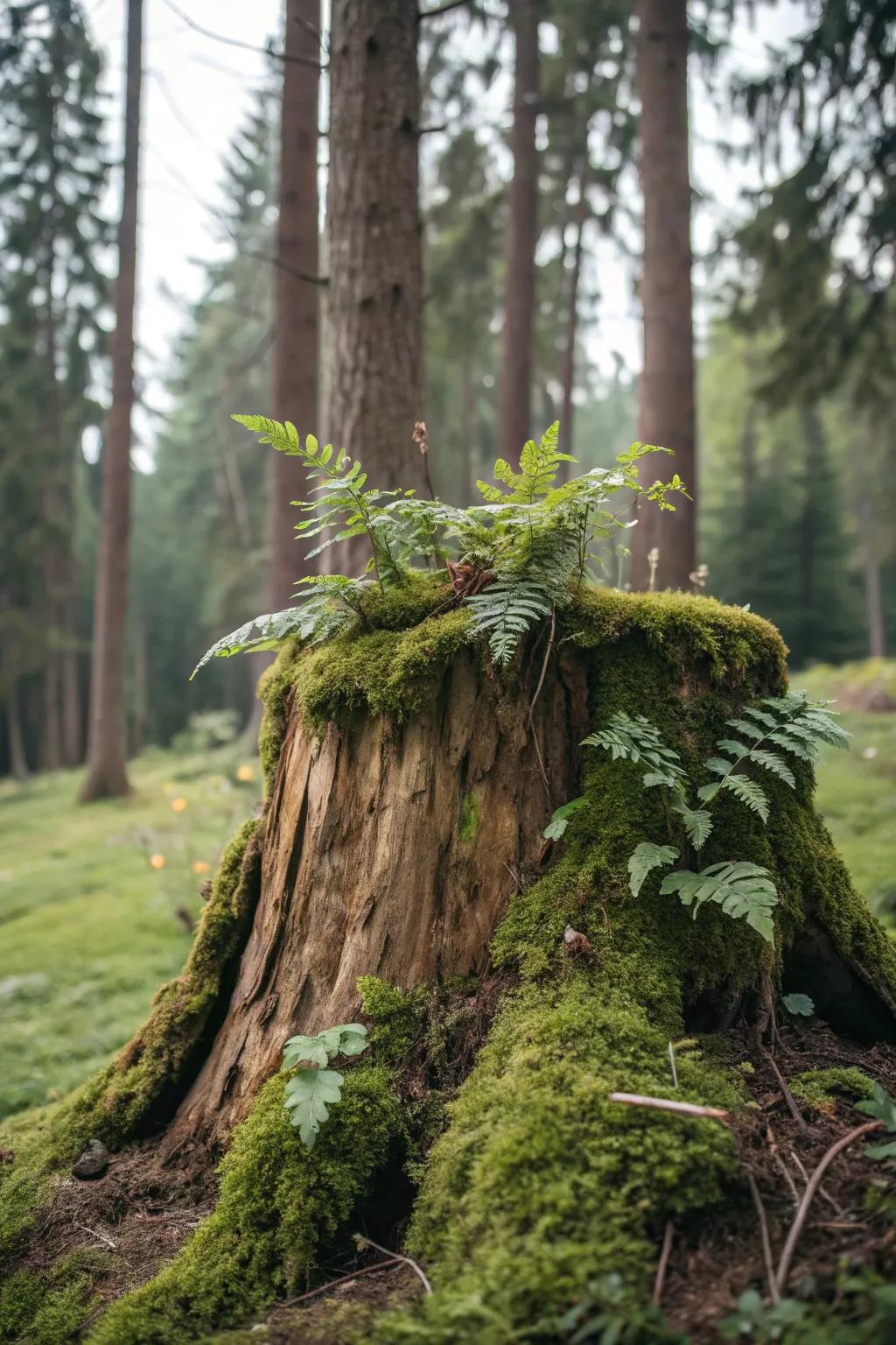 Ground cover and fronds transform a stump into a woodland wonder.