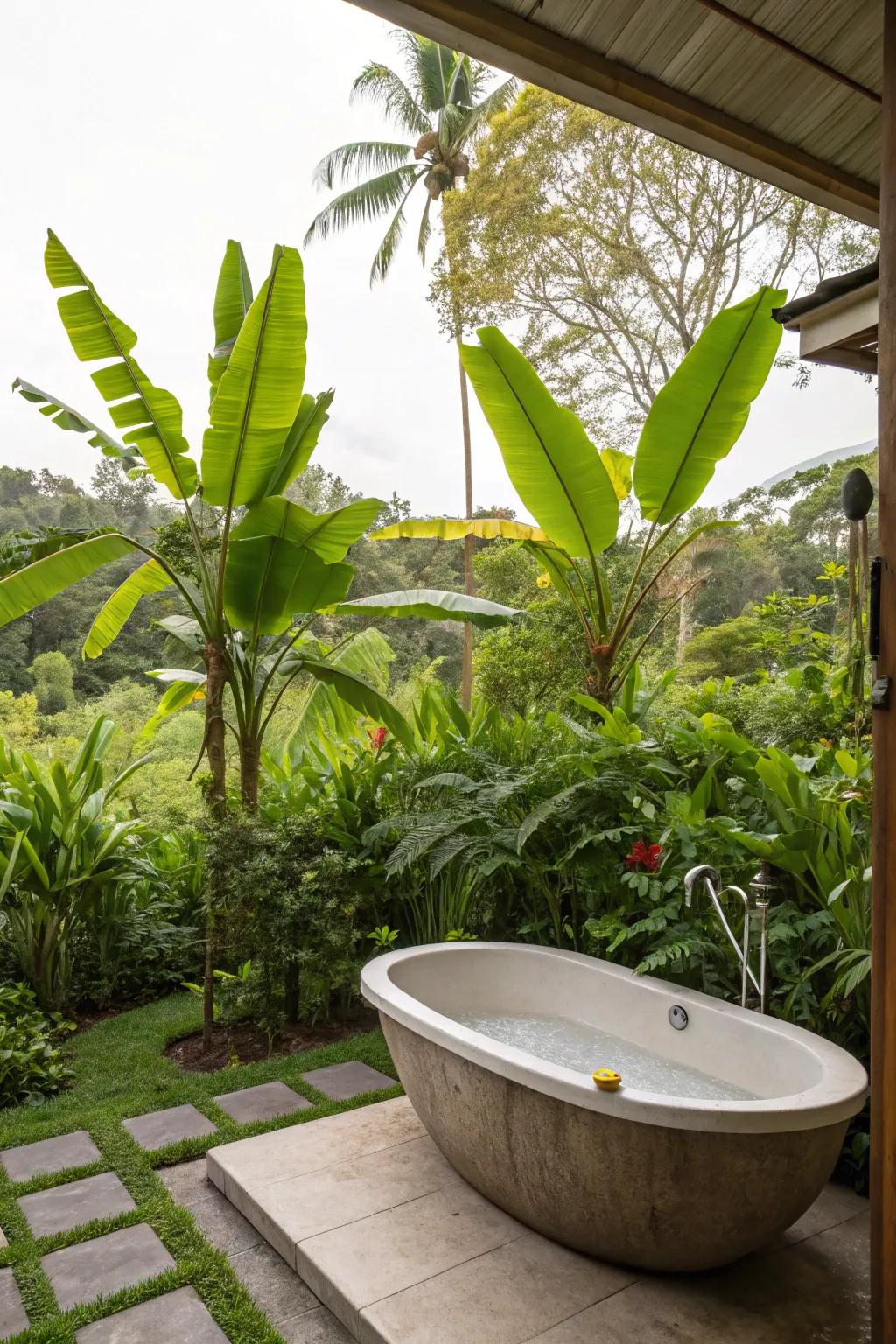 Transport yourself to a tropical retreat through radiant greenery encircling your tub.