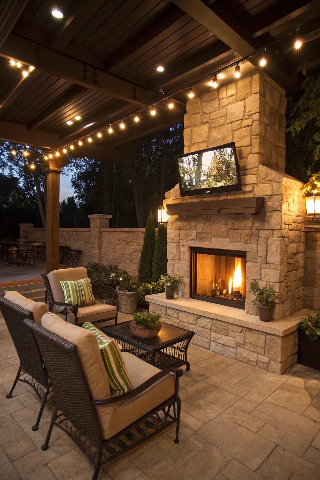 A TV above a fireplace adds warmth and comfort to open-air spaces.