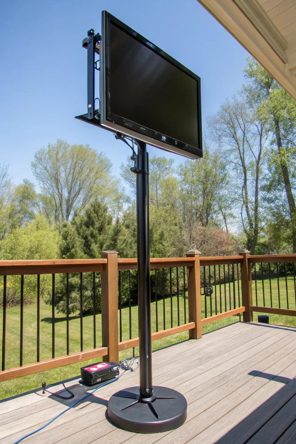 A revolving mount delivers adaptability in viewing perspectives for your outdoor television.