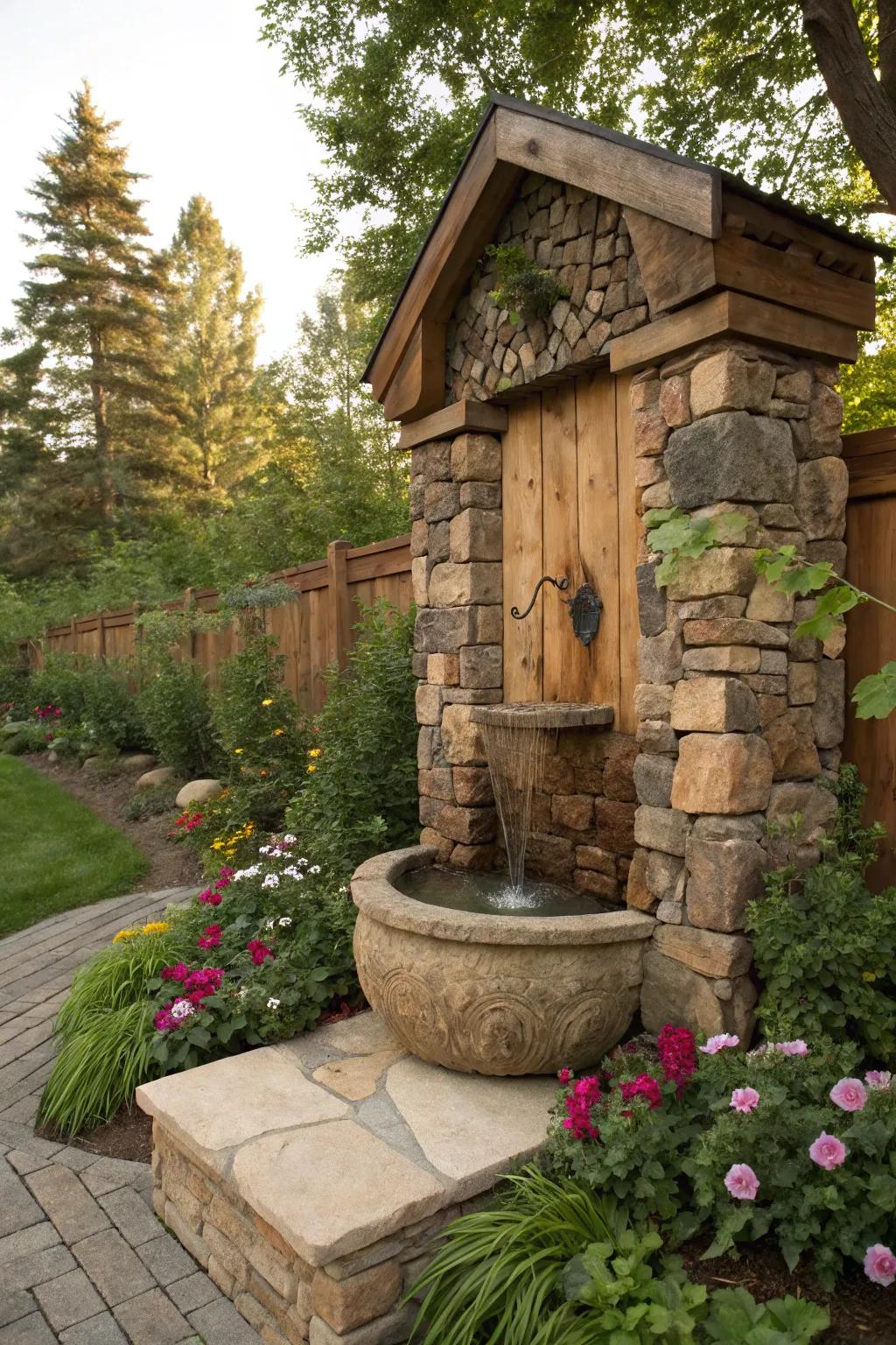 Natural materials such as stone and wood infuse rustic appeal.