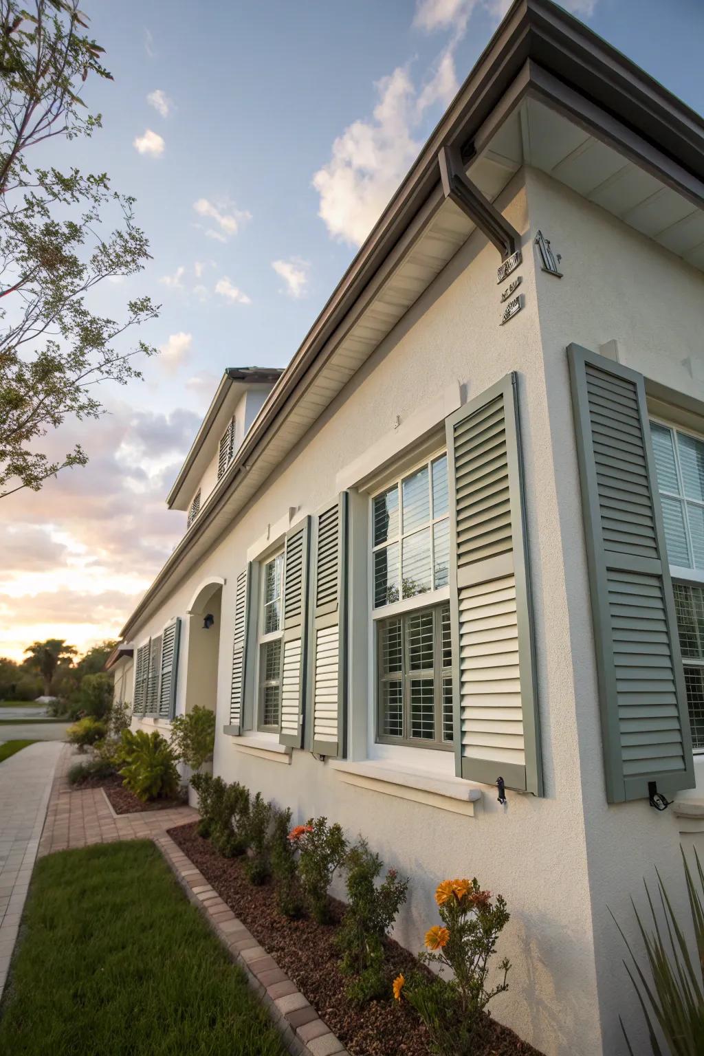 Residence with operable shutters enhancing energy efficiency.