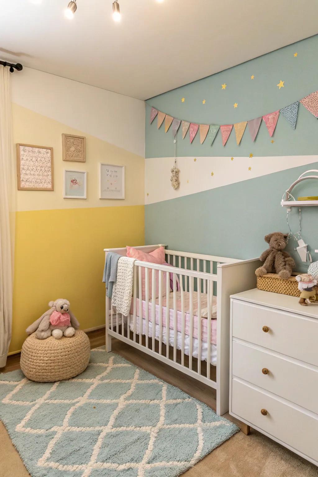 Two-tone walls enrich a nursery with dimension and visual curiosity.