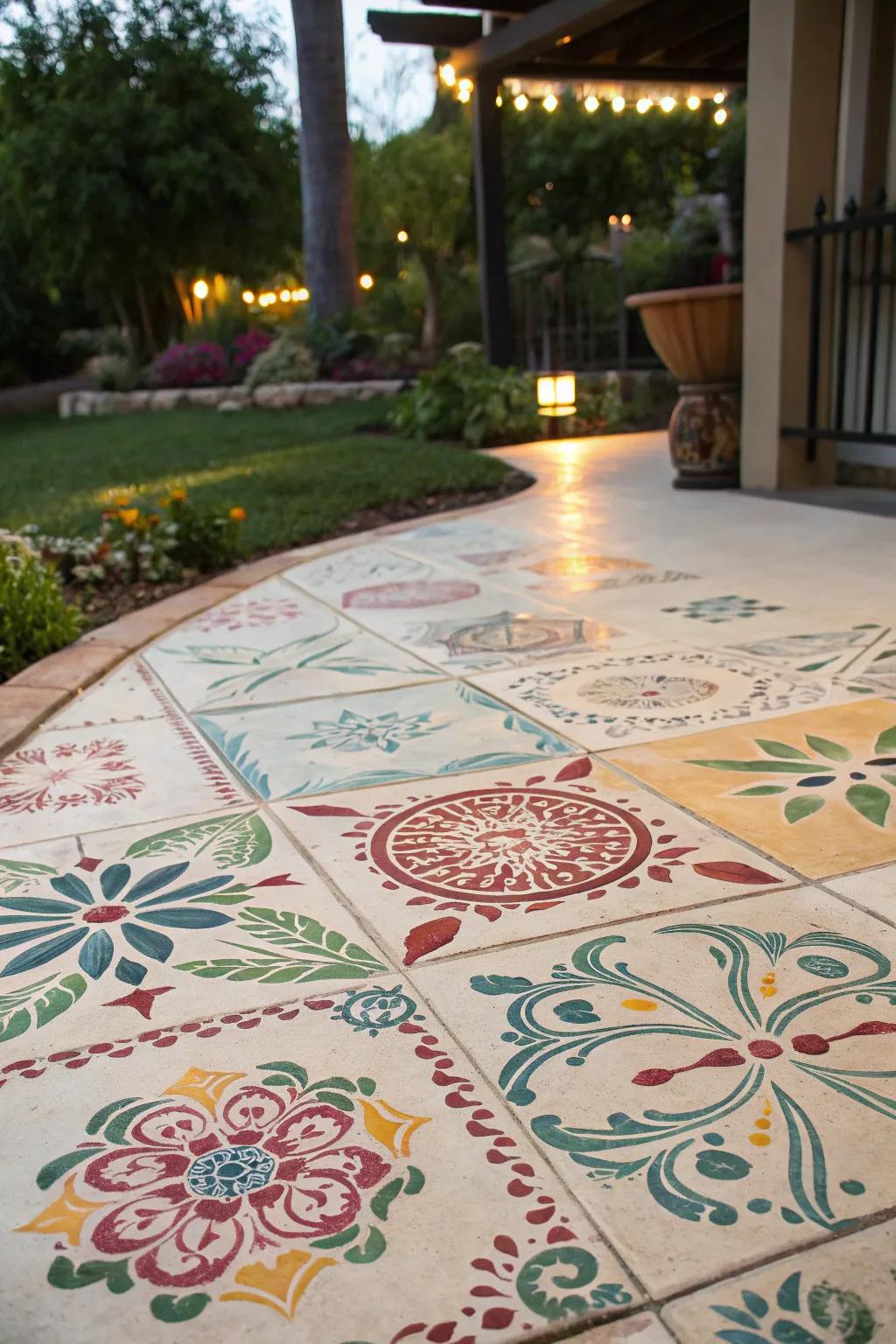A patio with stenciled designs that replicate the beauty of hand-painted tiles.