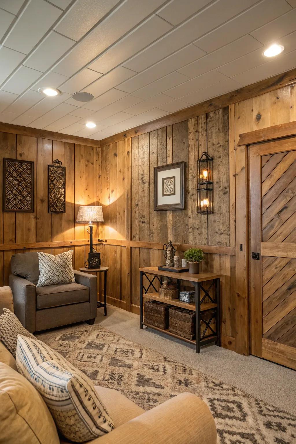 Room featuring reclaimed wood panels for rustic charm.