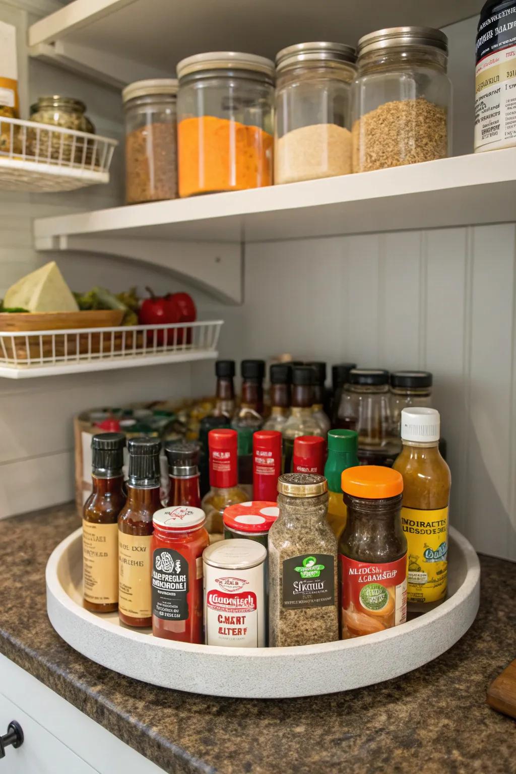 A pantry corner equipped with a rotating organizer for optimal storage.