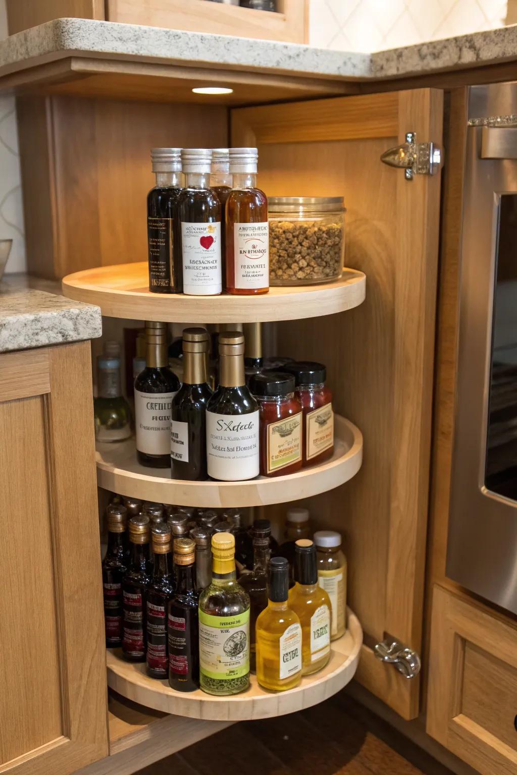 Rotating trays inside pantry corners maximize area and boost accessibility.