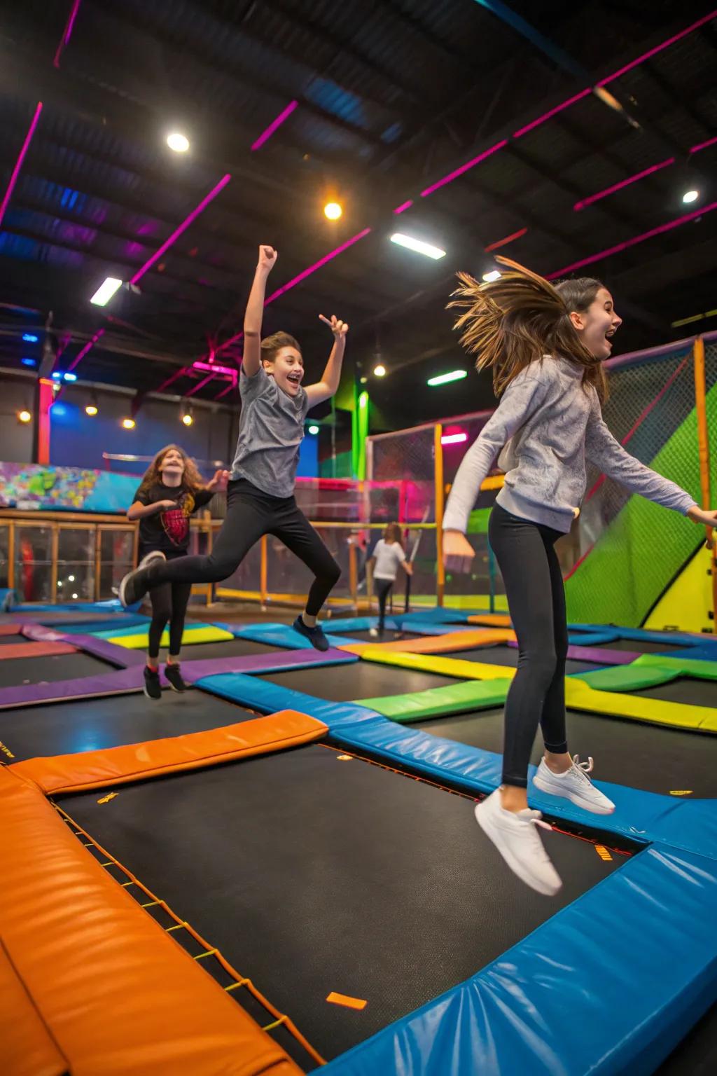 Teens having fun at a trampoline park.