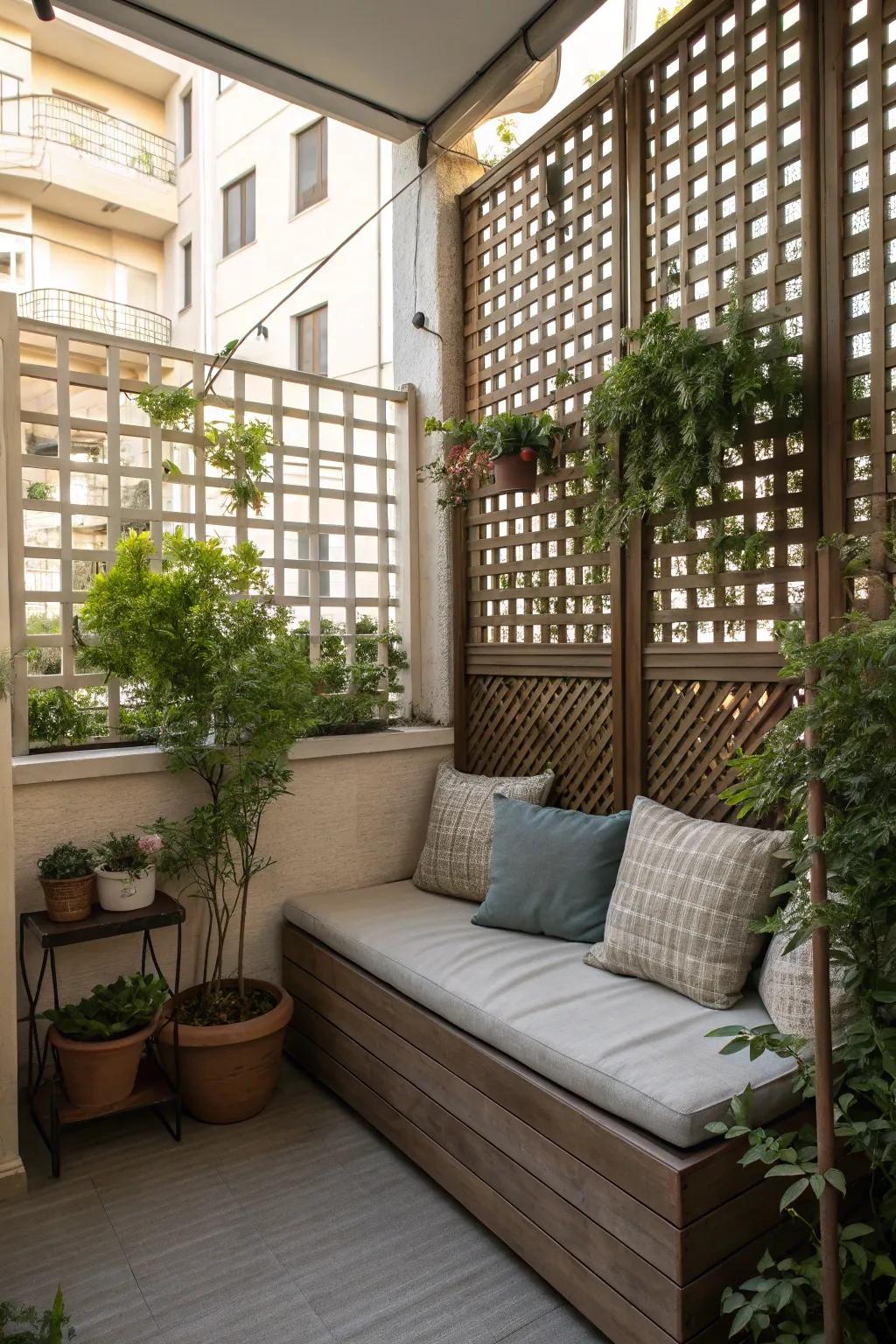 Fretwork segments fashion a snug stool alcove conducive to a placid retreat.