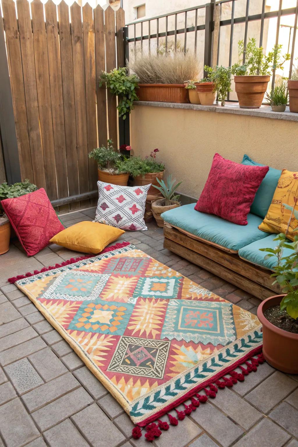 Decorative accents add color and comfort to a patio arrangement.