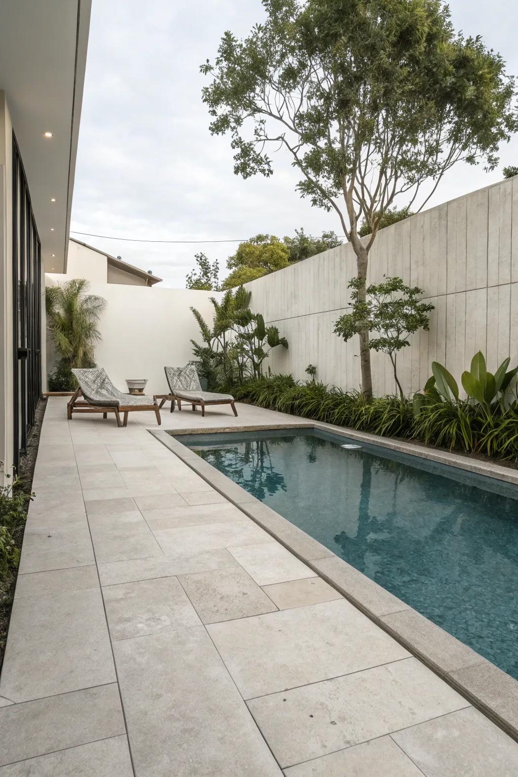 A minimalist design with sleek pavers offers a timeless elegance.
