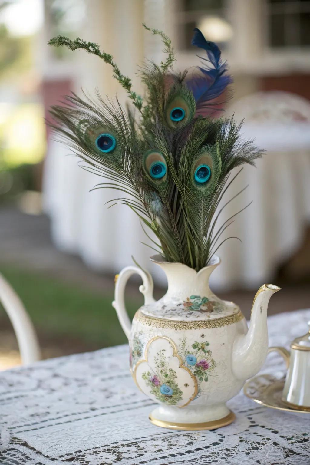 Nostalgic sophistication with a vintage tea serving pot and avian plumes.