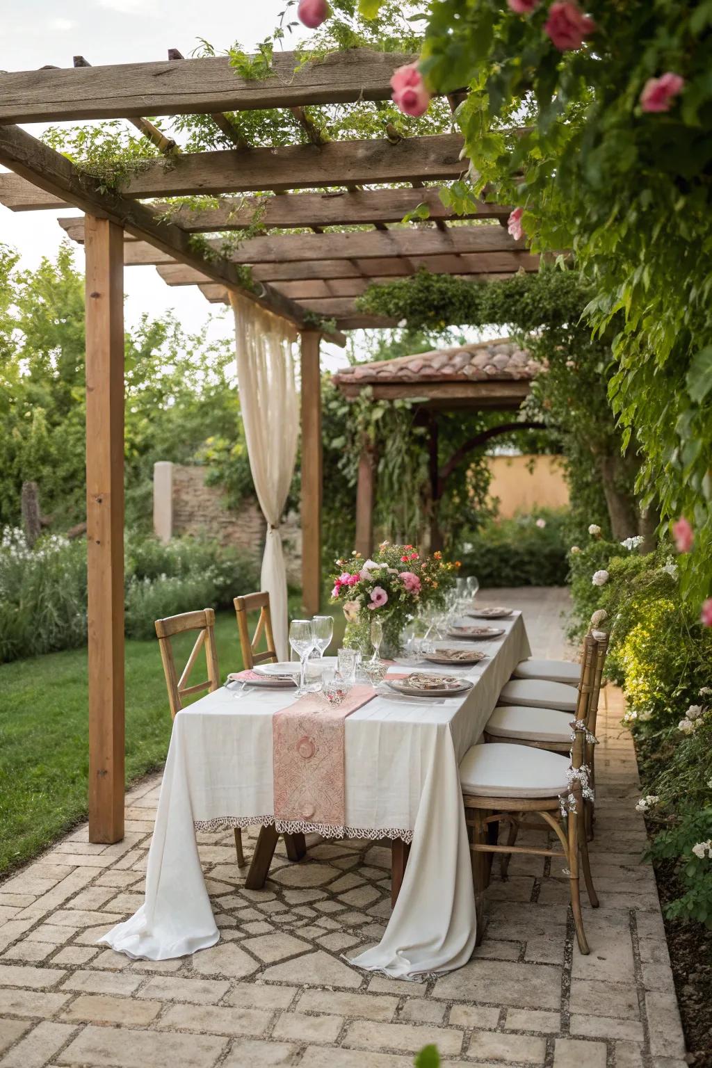 An inviting outdoor eating area under the structure.