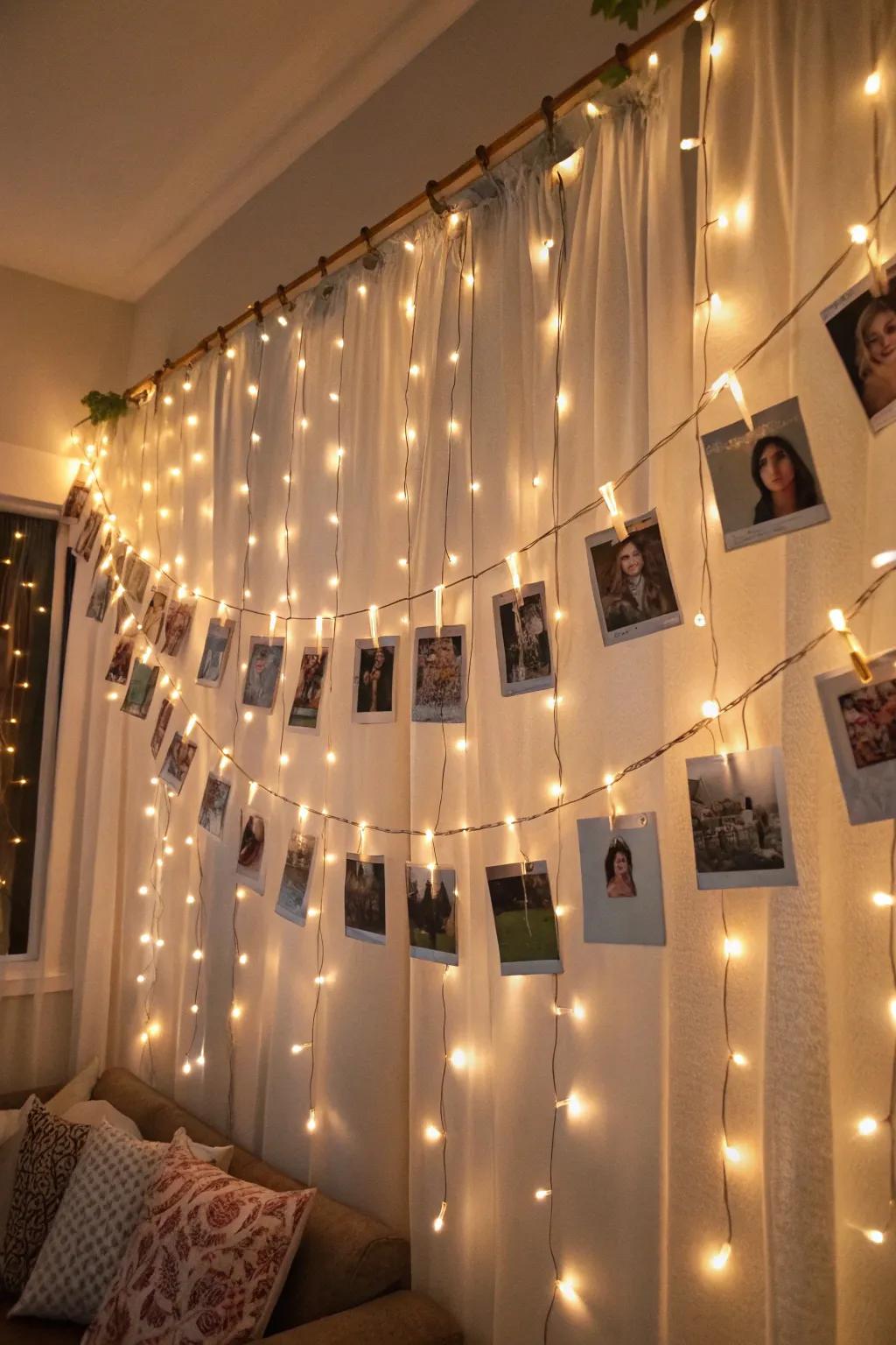 A backdrop of lights and photos adds a dreamy flair.
