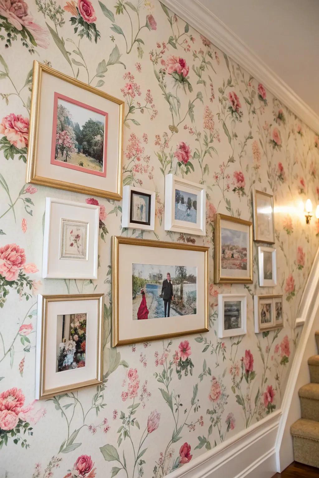 Frames set against a backdrop of patterned wallpaper.