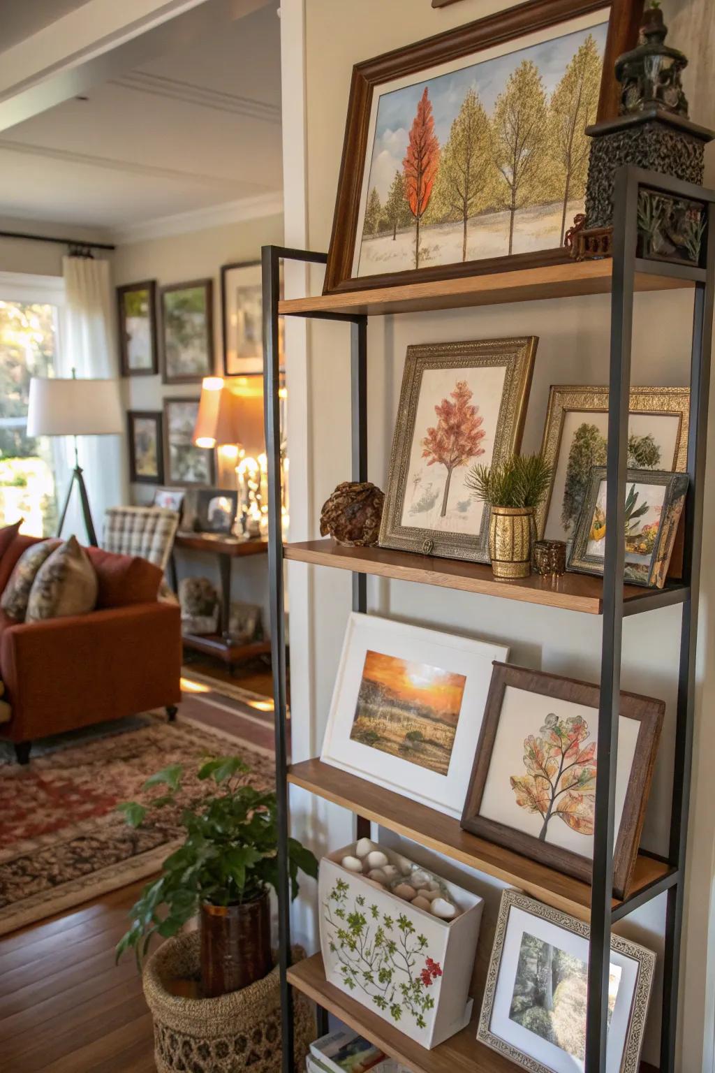 Display ledges feature seasonal artwork for vibrant decor.