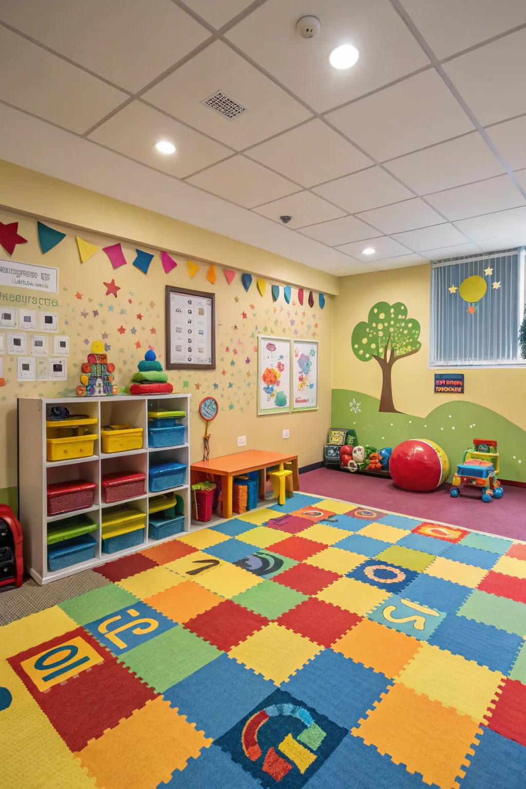 Patterned carpets add fun and functionality to playrooms.