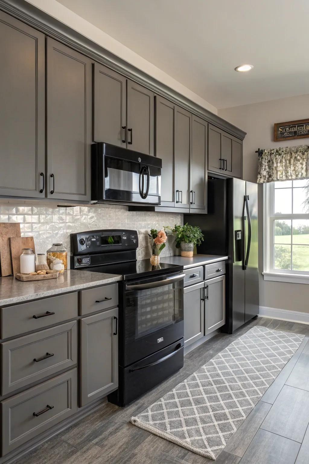 Stone hues pair effortlessly with dark metallic.