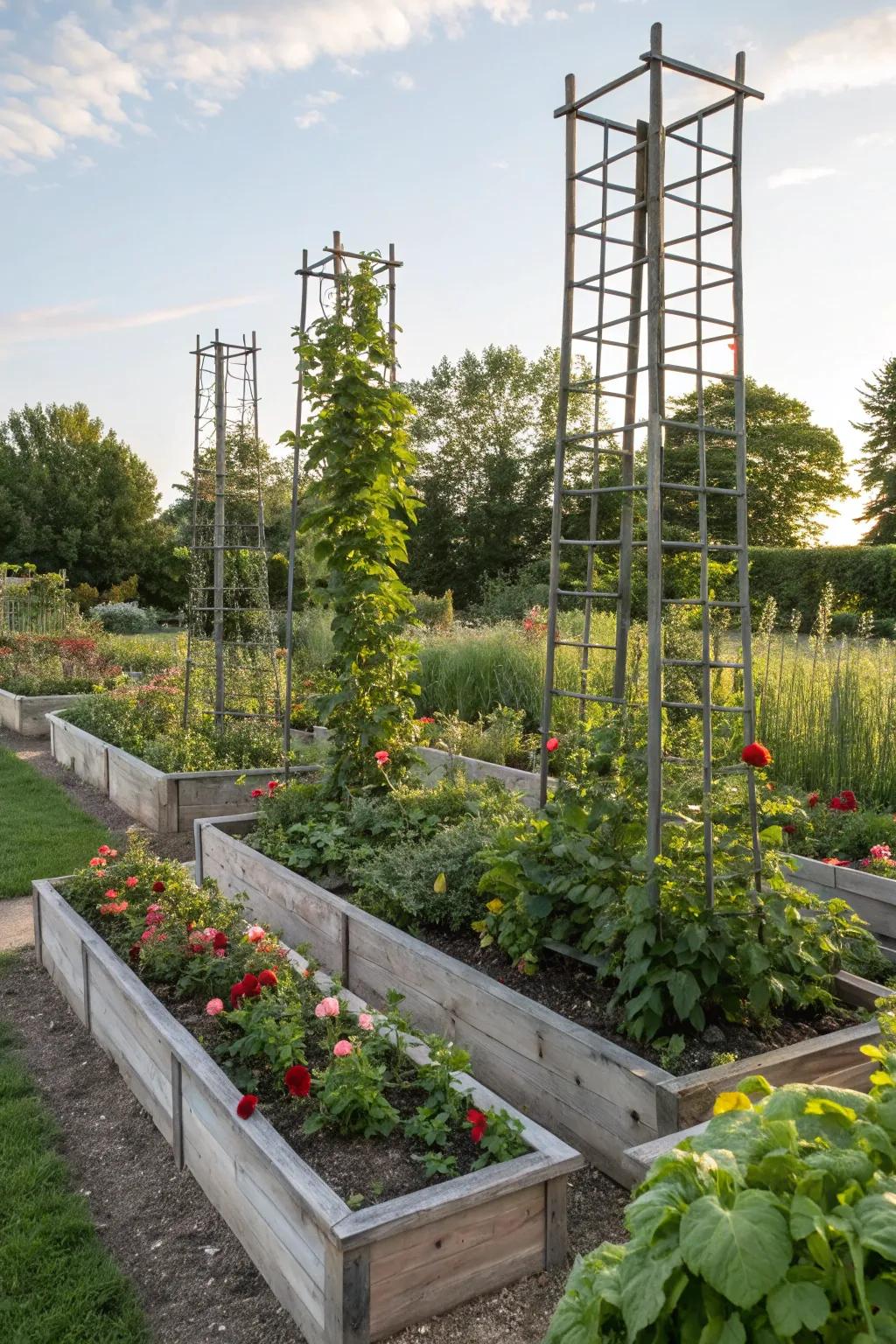 Maximize space by incorporating skyward features in your raised beds.