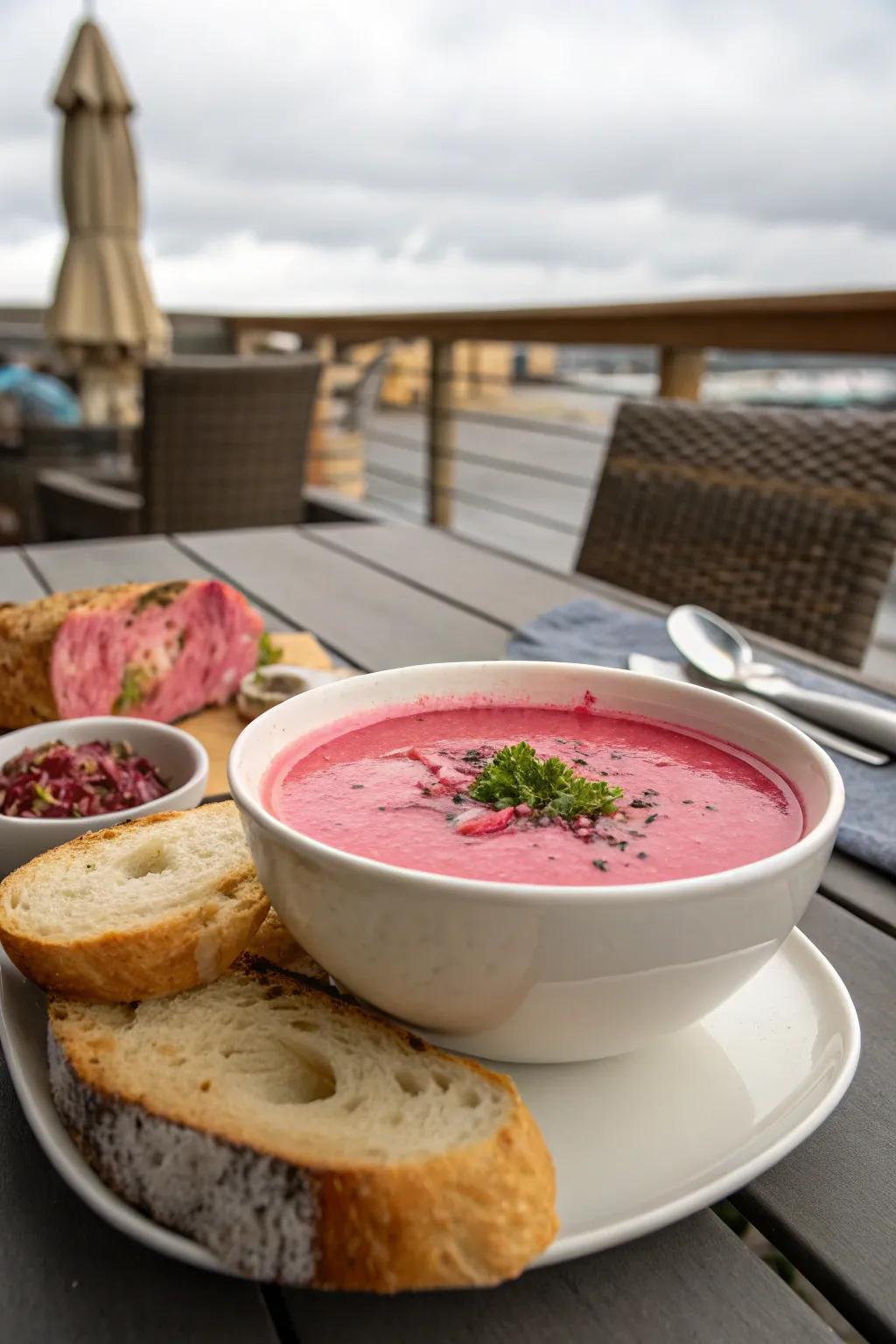 Rosy gazpacho is a chilled, revitalizing soup ideal for warm days.
