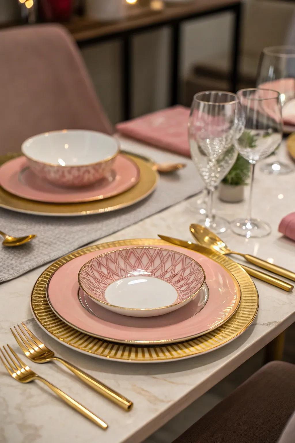 Chic tableware in pink and gold adds a touch of class to the party.