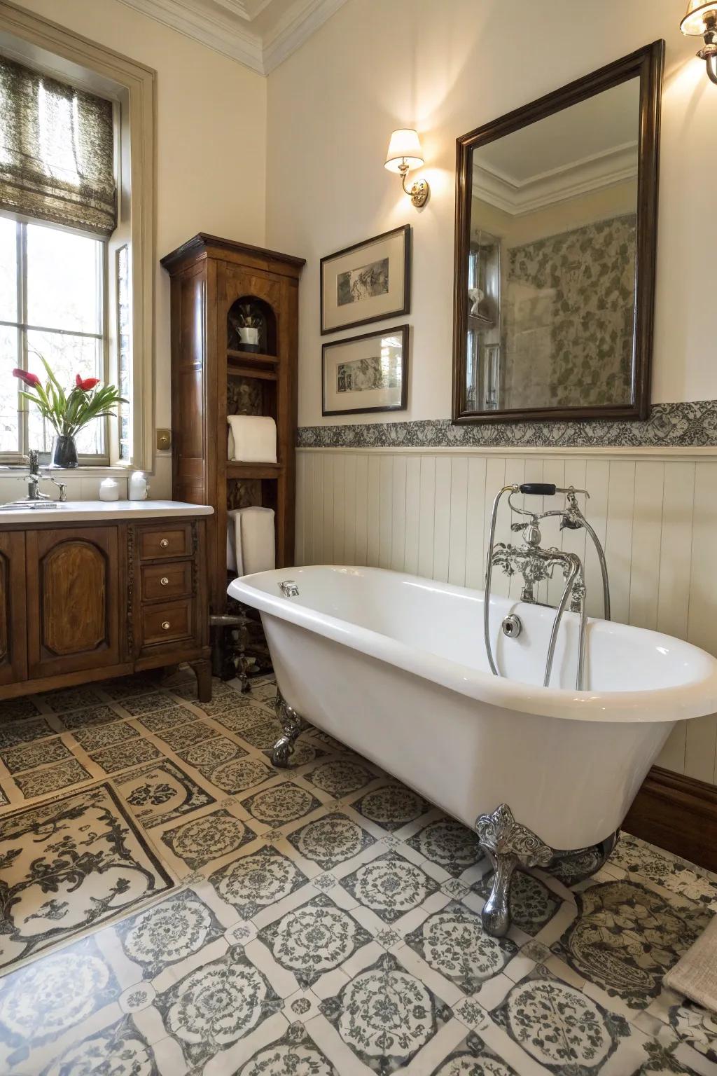 Vintage touches add charm and individuality to modern bathrooms.