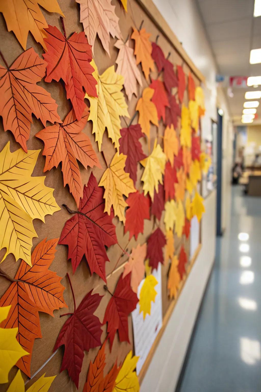 A spirited fall display board enriched by layered three-dimensional leaf constituents.