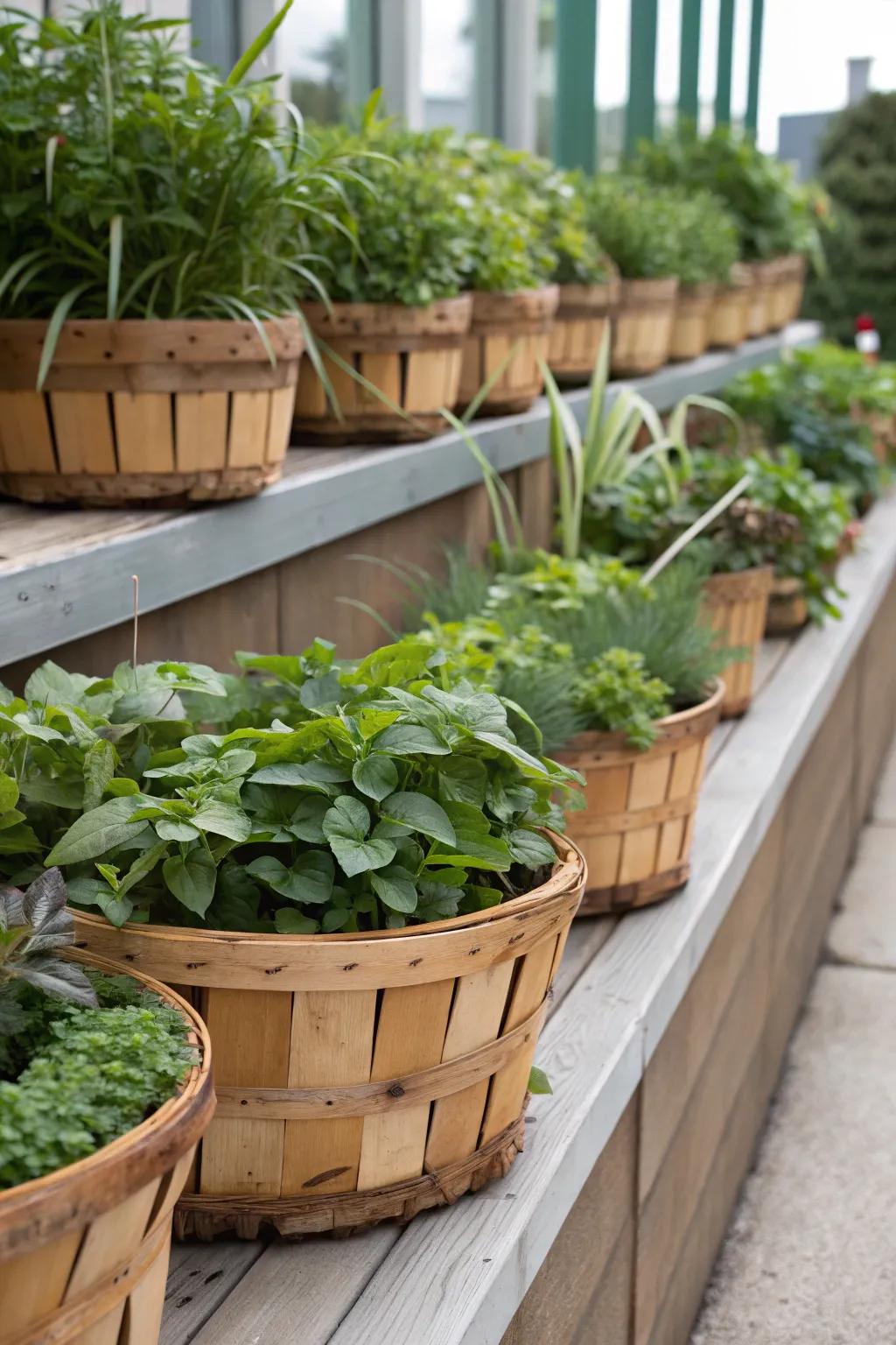 Timber and interwoven containers append warmth and texture to this botanical ledge.