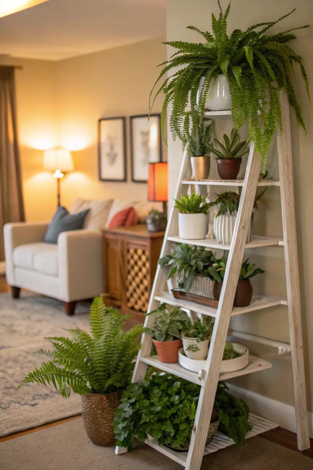 Showcase plants in a vertical orientation with ladder-style stands.