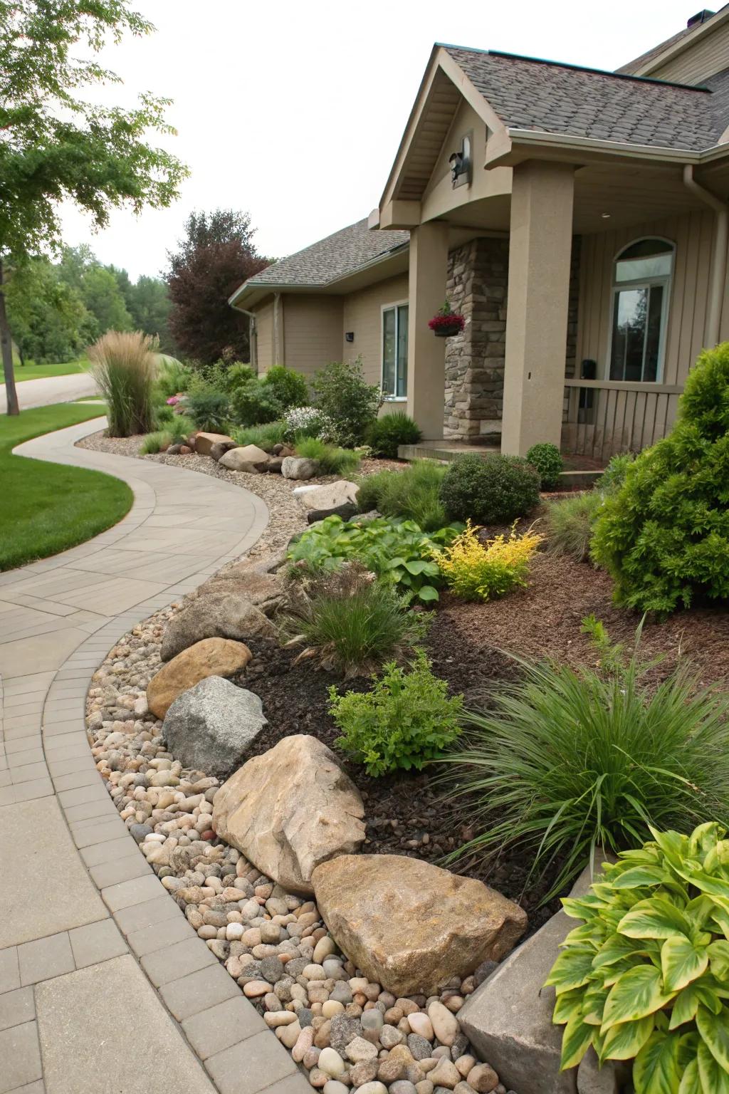 Stone and mulch achieve a naturally harmonious appearance.