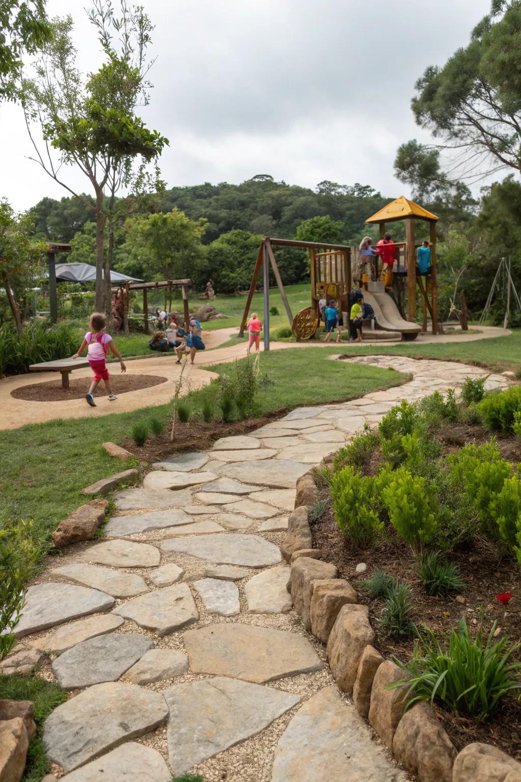 Stone pathways add a unique touch to playgrounds.
