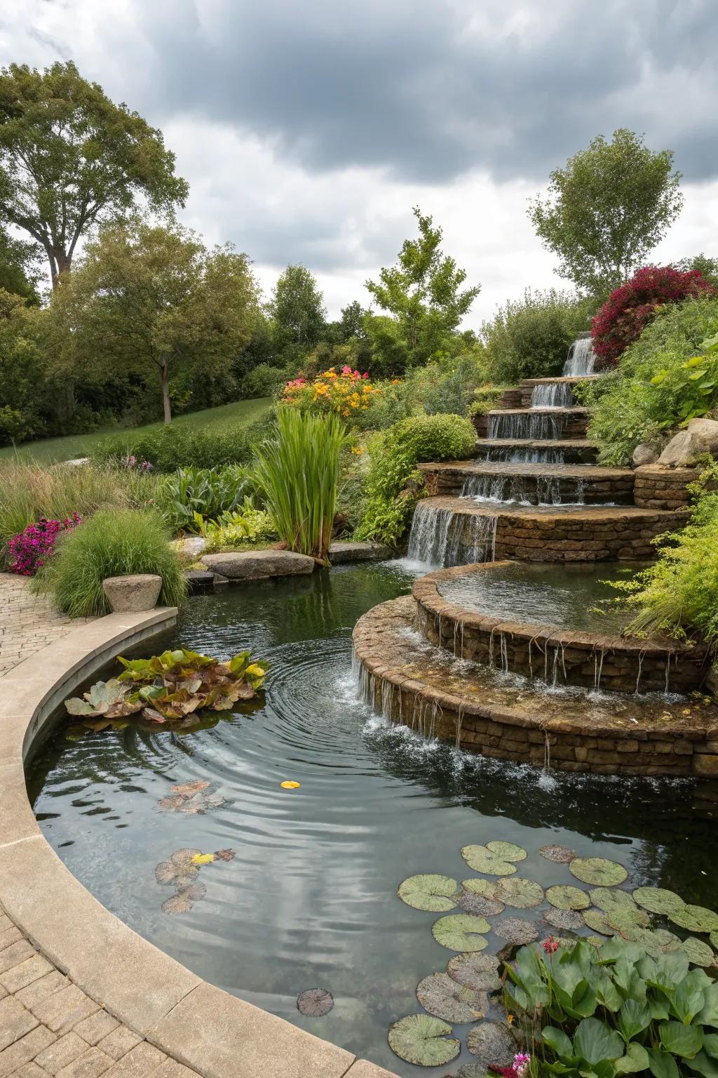 A tear-tiered pond adds dimension and draws interest to the garden landscape.