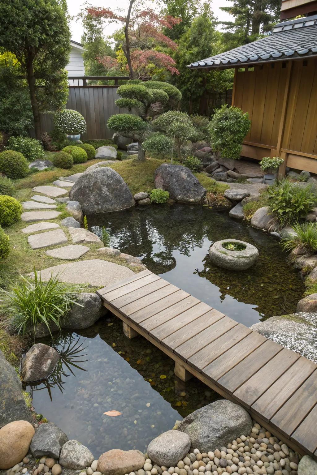 A serene meditative container pond nestled within a backyard setting.