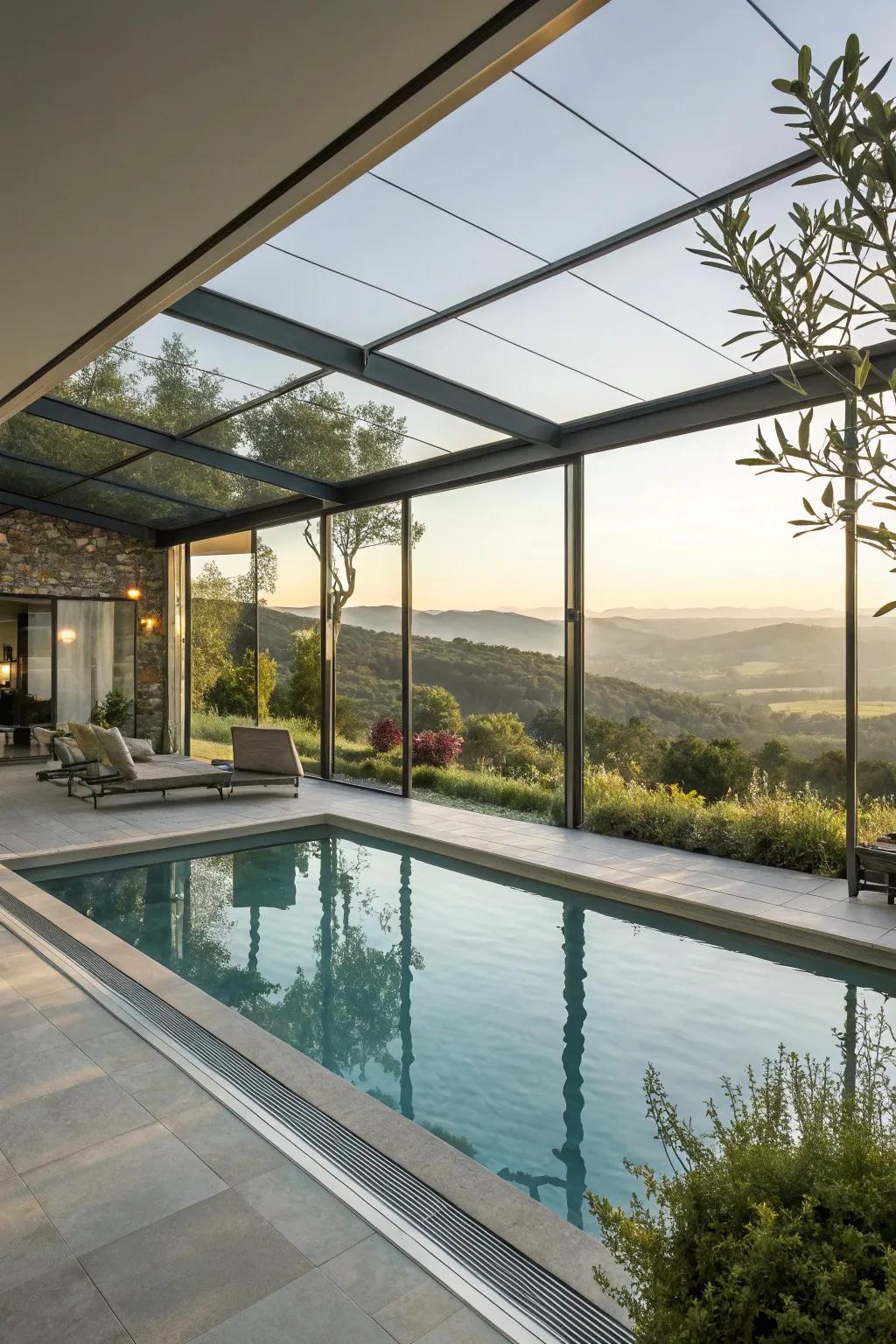 A stunning glass-encased pool house displaying wide-reaching views.