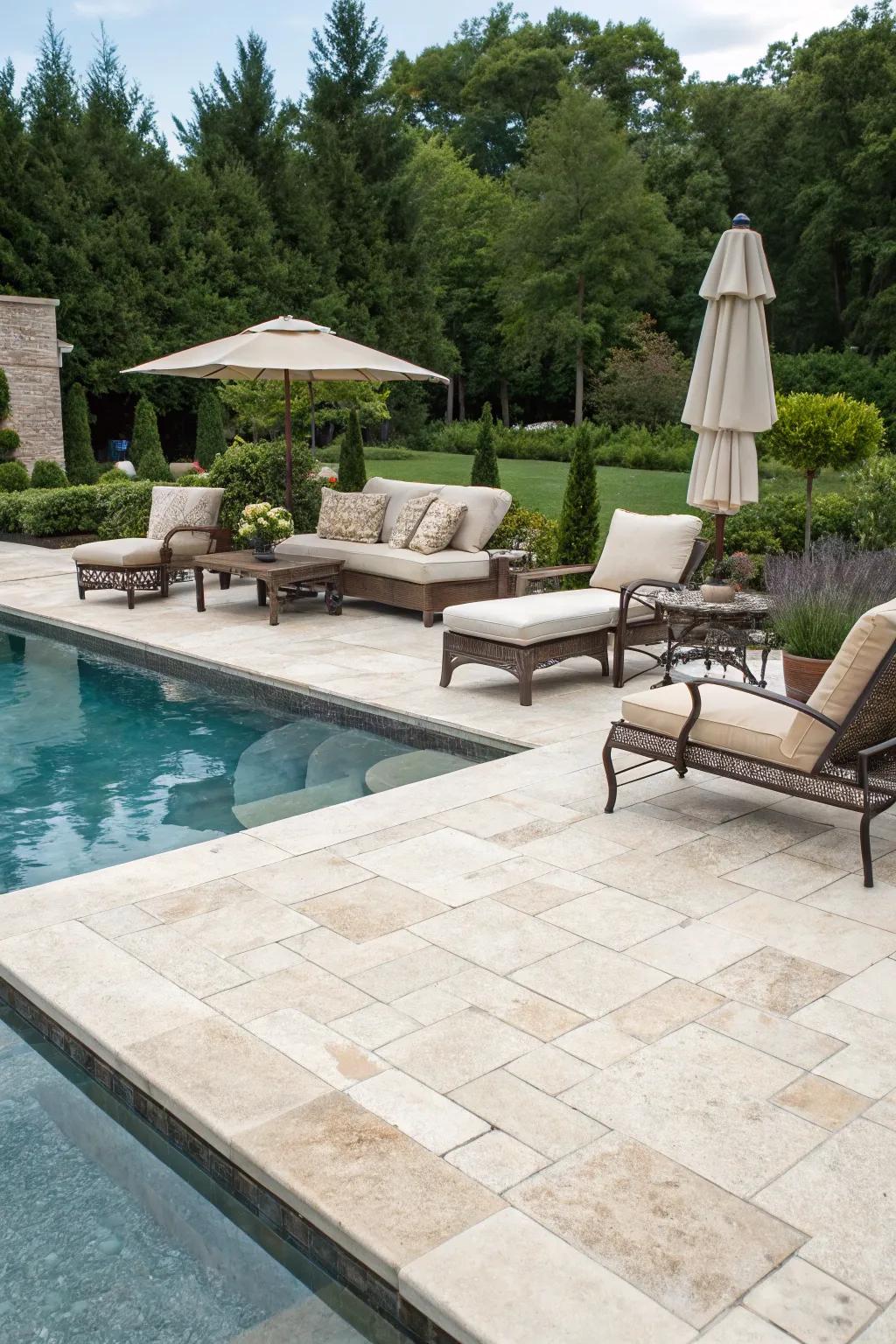 Limestone decking offers a timeless and cool surface for your pool area.