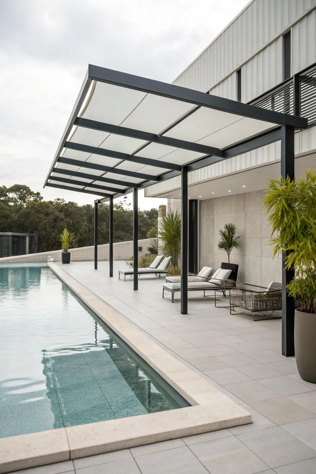 Modern designs grant a neat and minimalist aesthetic for poolside zones.
