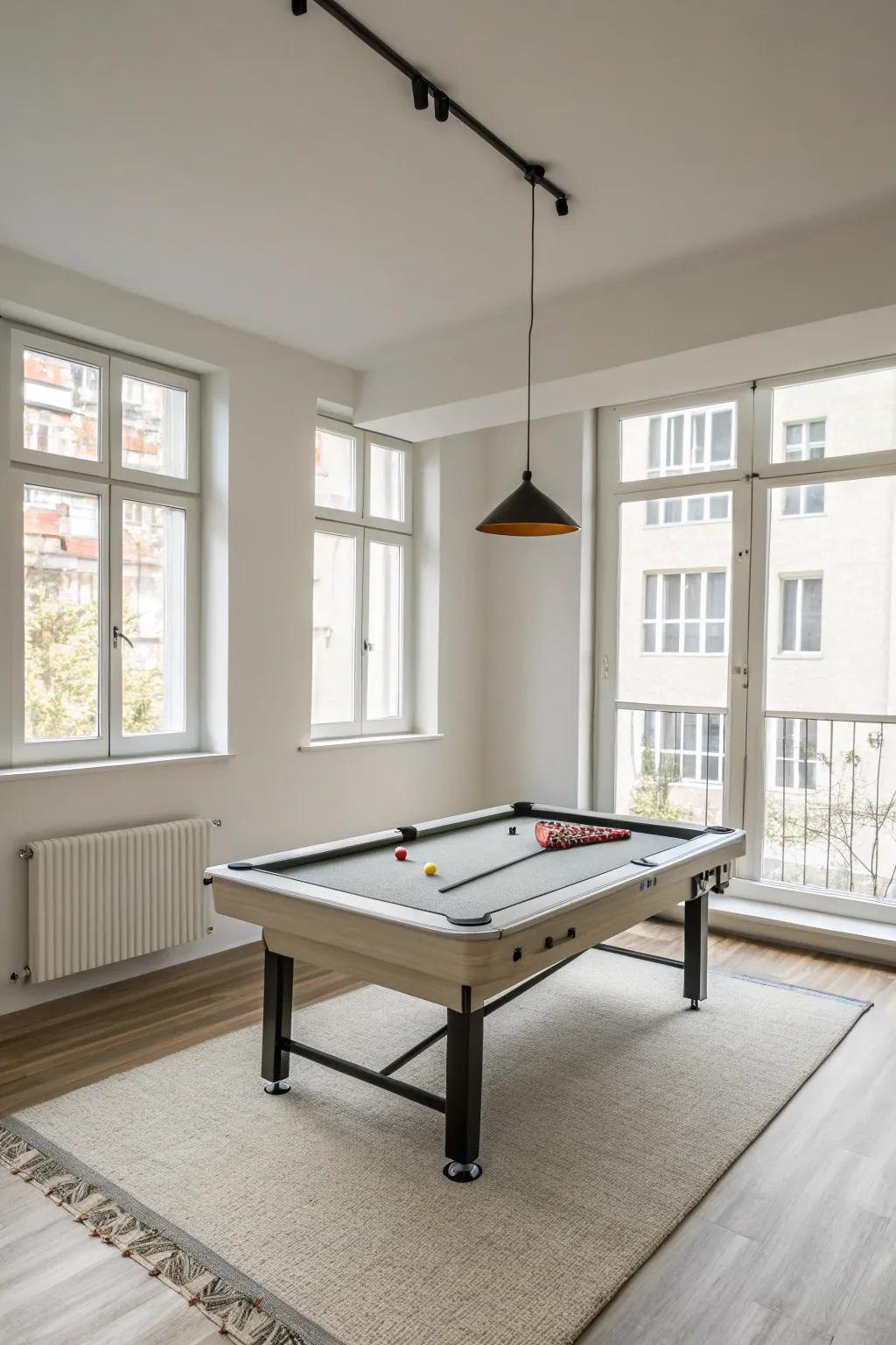 A folding pool table offers flexibility and space-saving benefits in a small room.
