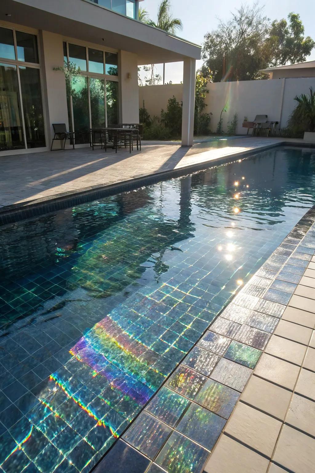Gleaming glass surfaces generate a dynamic interplay of colors beneath the sunlight.