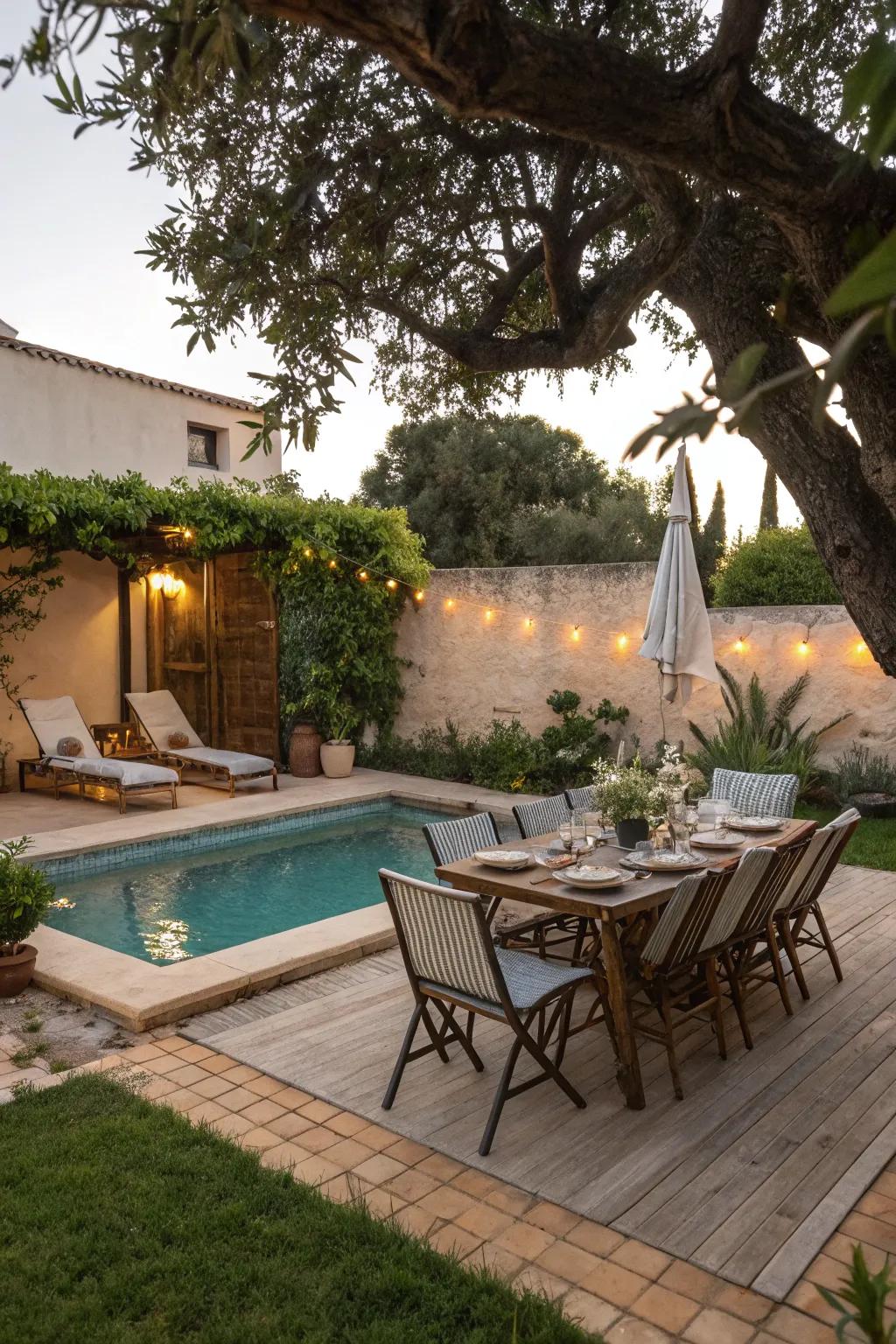 Leisure and dining zones complement the pool area for a comprehensive outdoor experience.