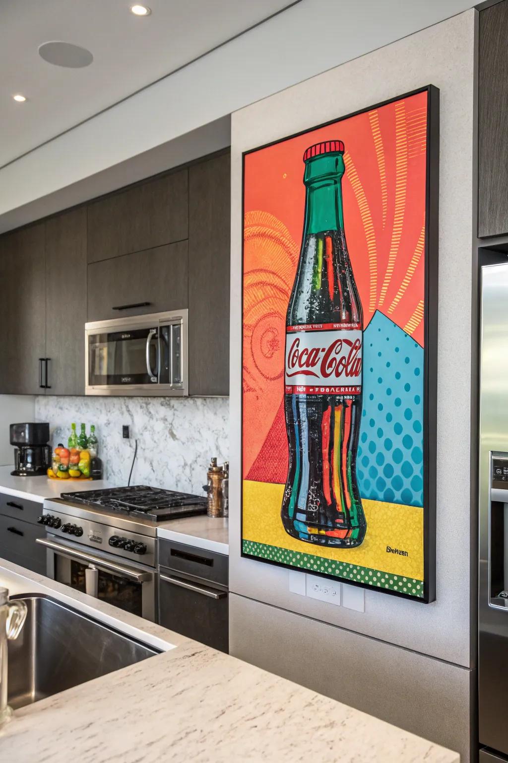 A whimsical artistic pop representation painting of a sparkling drink container contributes charm to the cooking area.