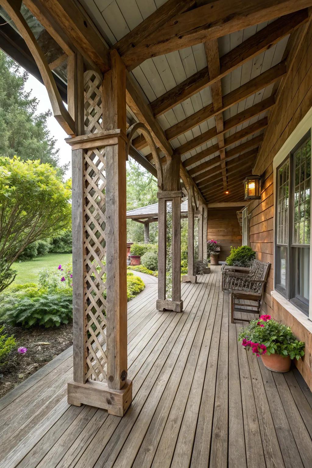 A porch expansion with rustic wood beams and features.