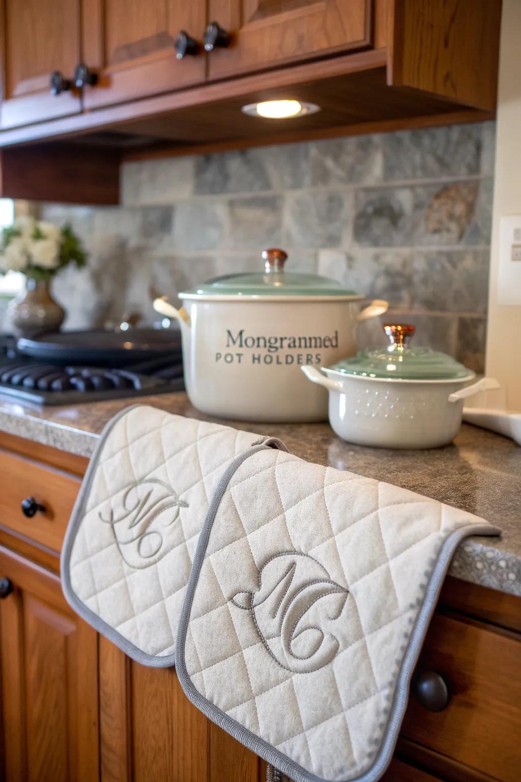 Monogrammed oven protectors enhance a sense of personalization and sophistication.