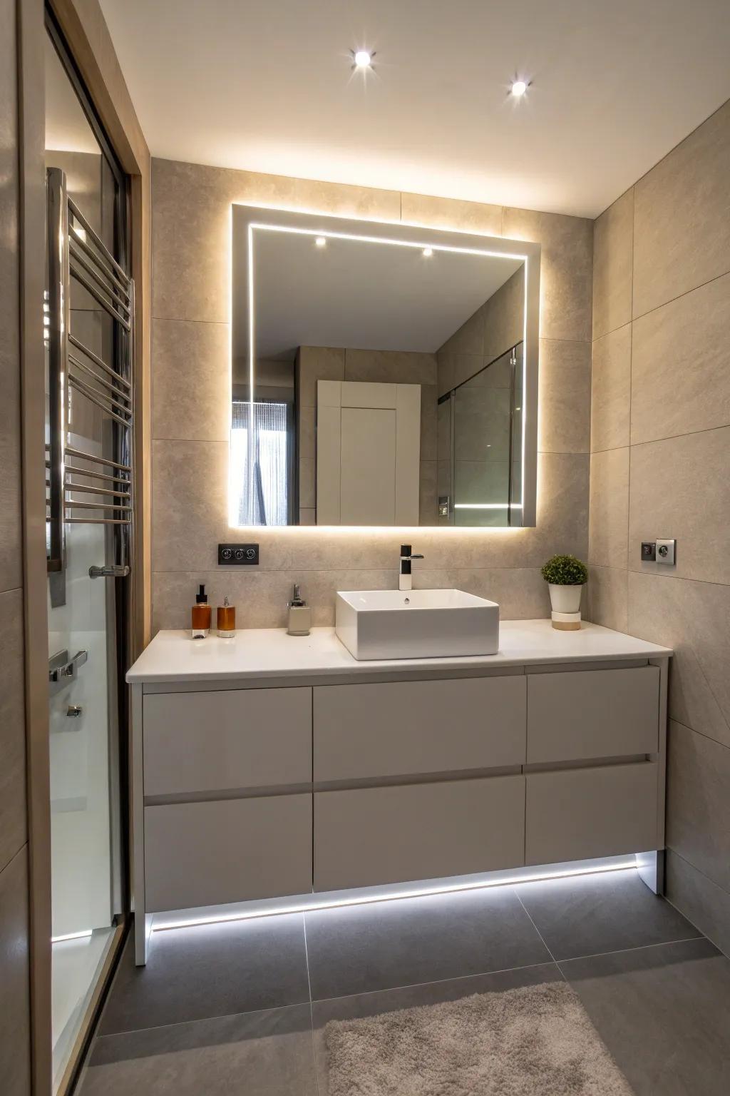 LED strip illumination appends a sleek and contemporary feature.