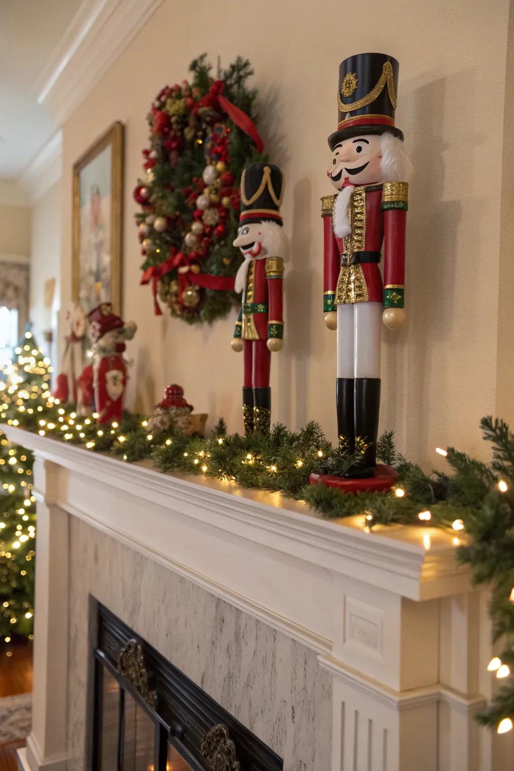 Traditional nutcracker figures add a nostalgic whimsy to holiday design.