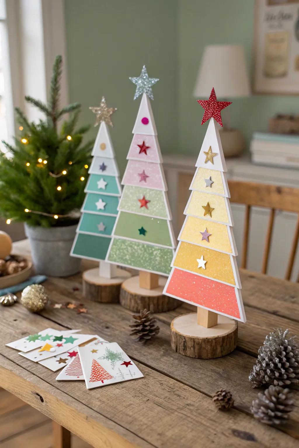 Eco-friendly color sample trees, adding color and creativity to holiday decor.