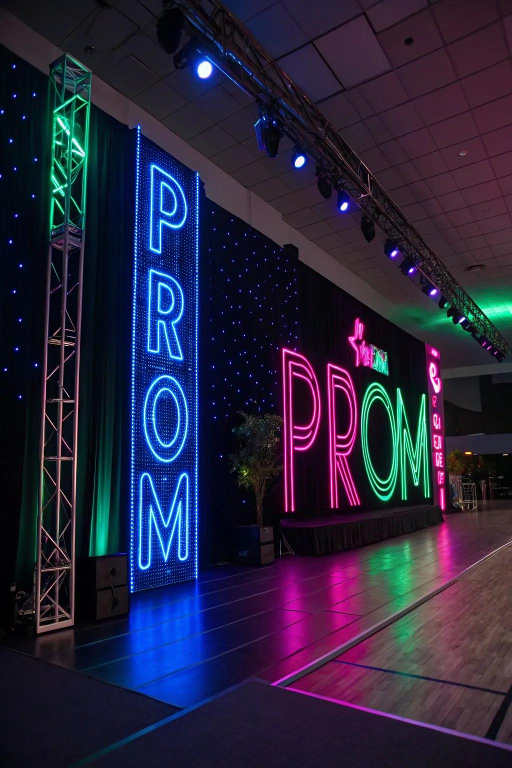 Electric lights bring a burst of color and excitement, ideal for a contemporary prom vibe. 🎉 #NeonNights #PromVibes