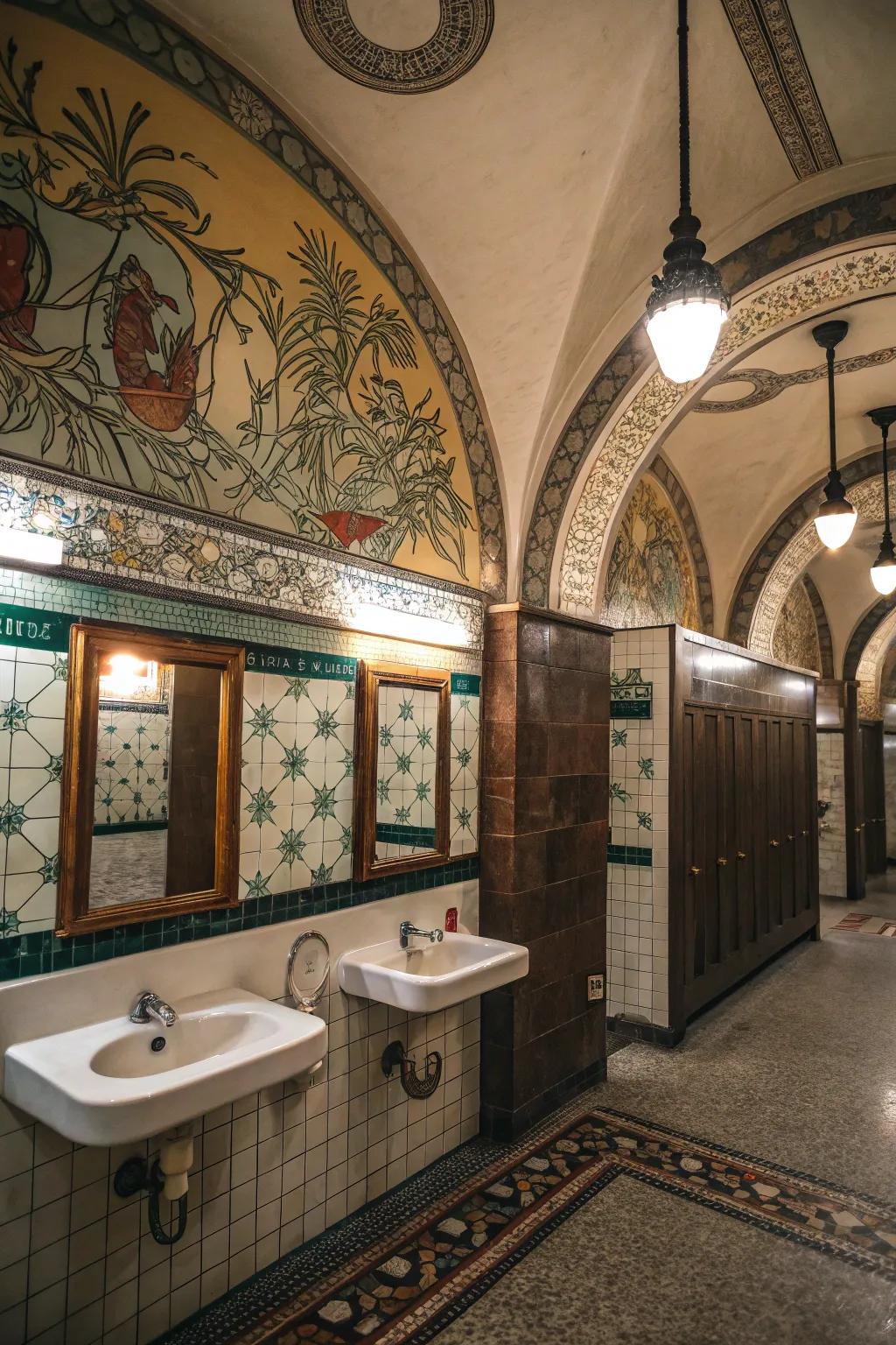 Creative details add memorable visual appeal to communal restrooms.
