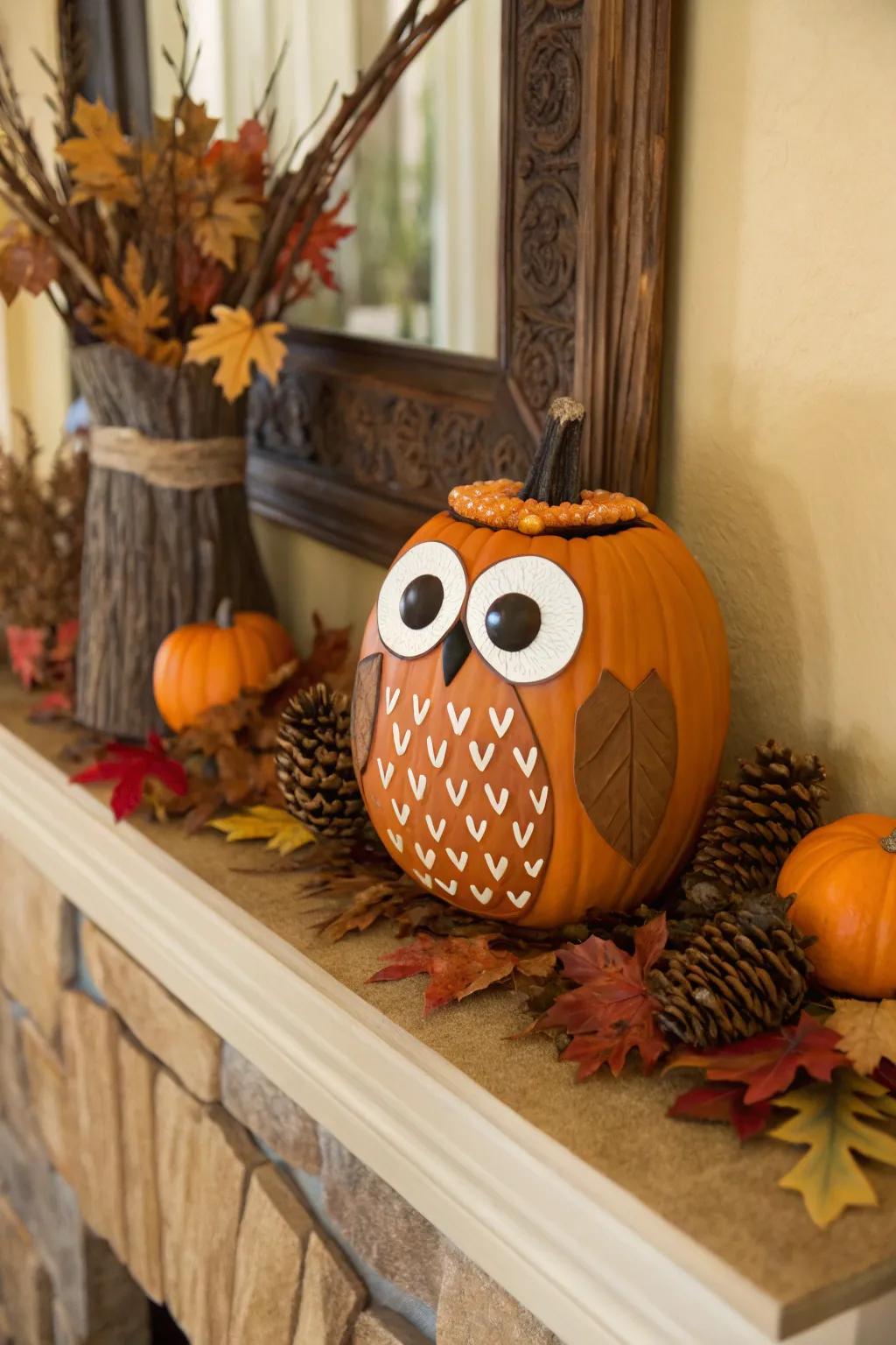 A charming owl pumpkin displaying imaginative carving.