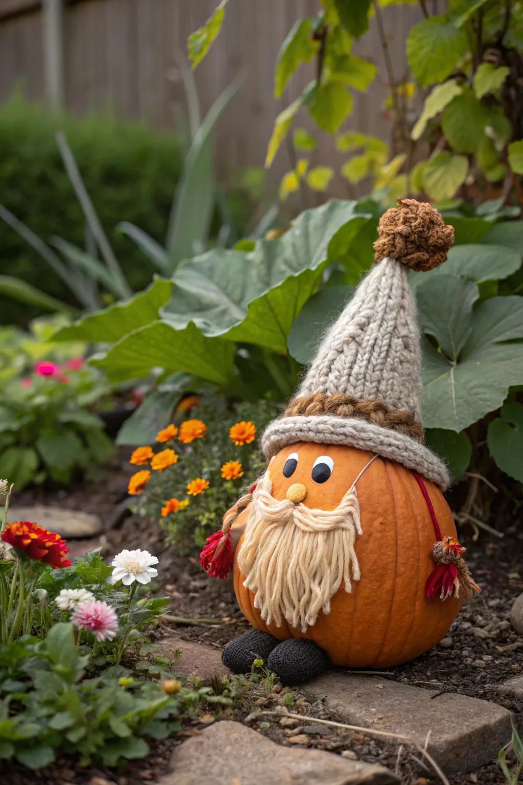 Charming gnome pumpkin adding charm to any garden.