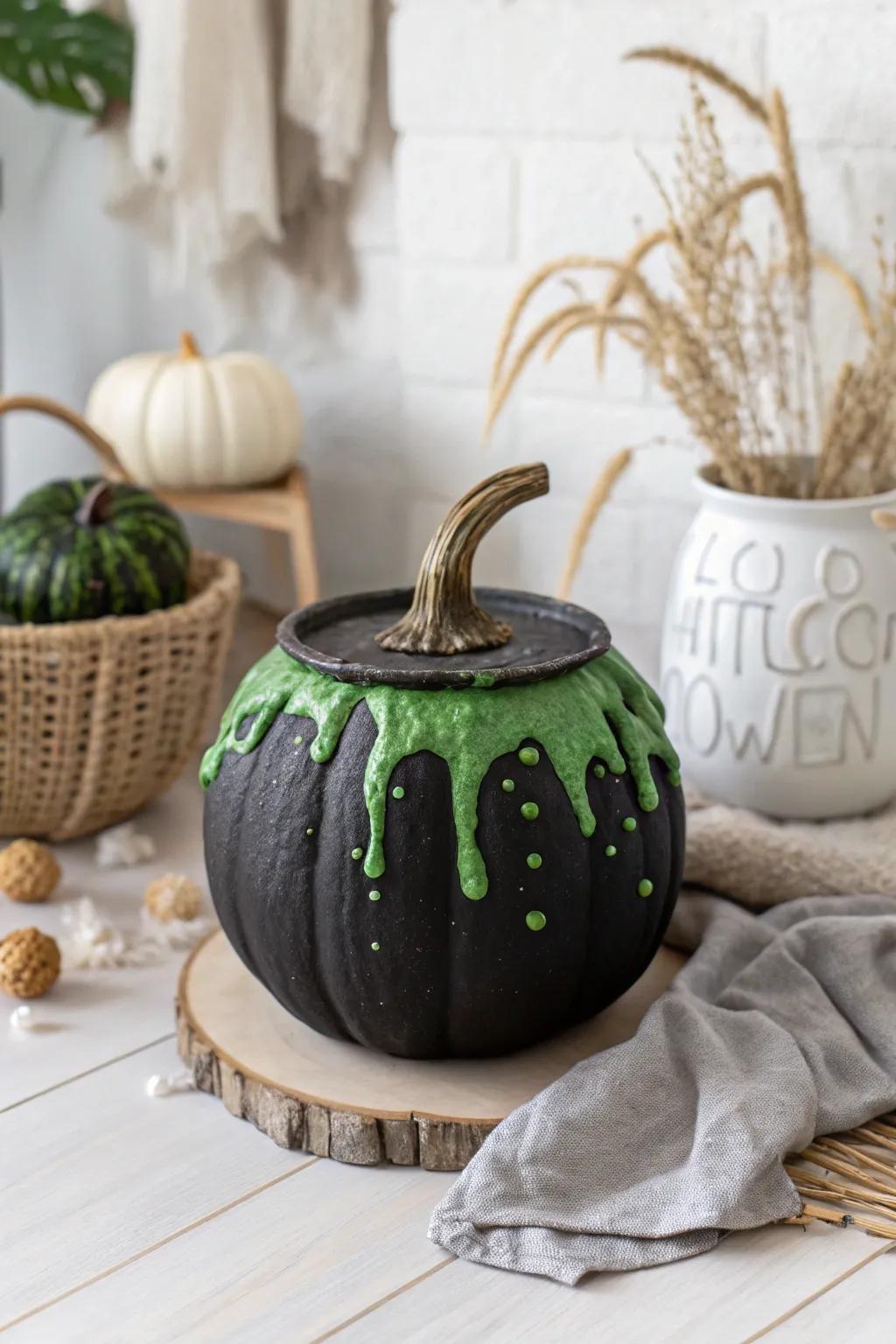 Enchant your Halloween with a whisper of magic: a sorceress's cauldron pumpkin bubbling with charm.